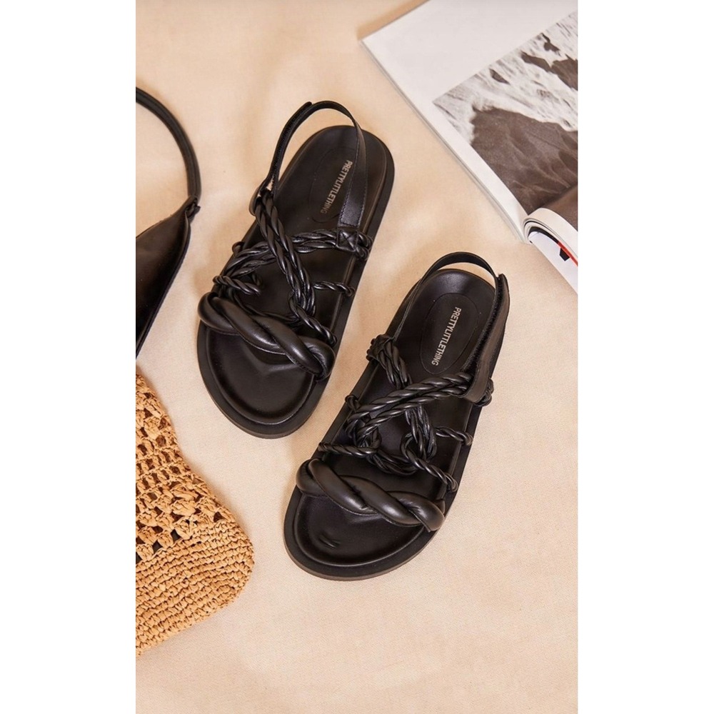 PrettyLittleThing 8 Blk Leather Strappy Chunky Sandals Retro Grunge Y2K Beach
